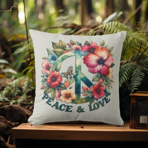 Welpe & Florales 70er Retro "Frieden & Liebe" Frie Kissen