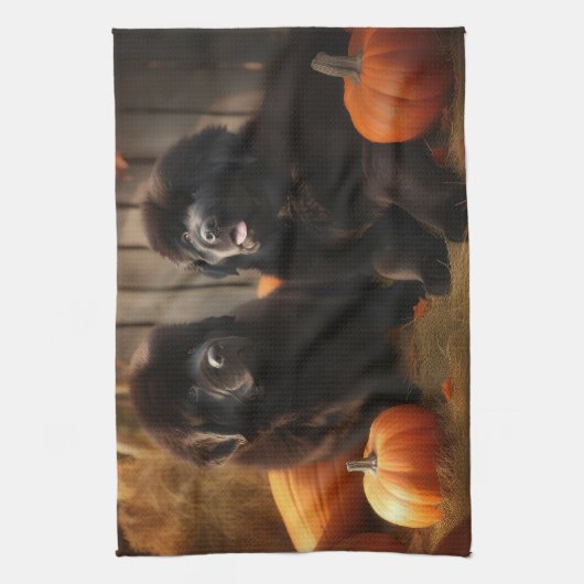 Welpe Herbst Kürbis Geschirrtuch (Vertikal)