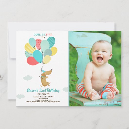 Welpe Hund Birthday Einladung Balloons Boy Blue (Vorderseite)