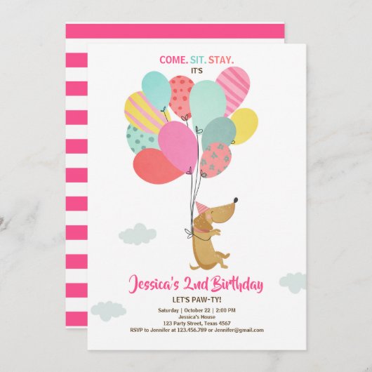 Welpe Hund Birthday Einladung Balloons Girl pink (Vorne/Hinten)