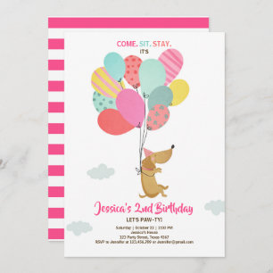 Welpe Hund Birthday Einladung Balloons Girl pink