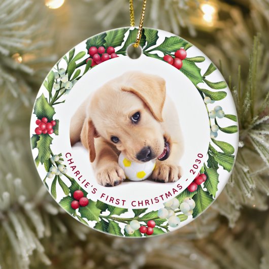 Welpe Hund First Christmas Custom 2 Foto Mistletoe Keramik Ornament