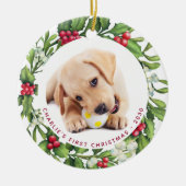 Welpe Hund First Christmas Custom 2 Foto Mistletoe Keramik Ornament (Vorne)