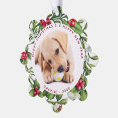 Welpe Hund First Christmas Custom 2 Foto Mistletoe Ornament Karte (Linke Ecke)