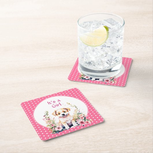 Welpe Hund in Blume Girl's Baby Shower sein Mädche Rechteckiger Pappuntersetzer (Vor Ort)