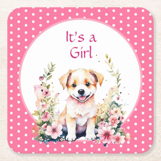 Welpe Hund in Blume Girl's Baby Shower sein Mädche Rechteckiger Pappuntersetzer (Vorderseite)