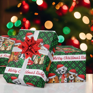 Welpe Hund personalisieren Name Grün Karierten Wei Geschenkpapier