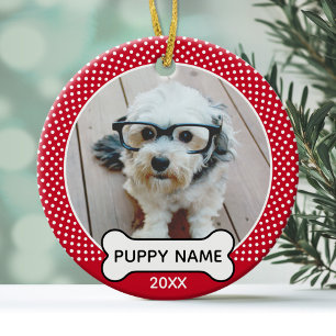 Welpe Hund Weihnachten Foto Polka Dot Red White Keramik Ornament