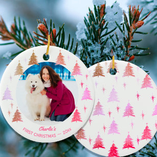 Welpe Hunde Erste Weihnachten Custom Pet Foto Pink Keramik Ornament