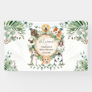 Welpe Hunde Grüne Blätter Kinderdusche Begrüßung Banner
