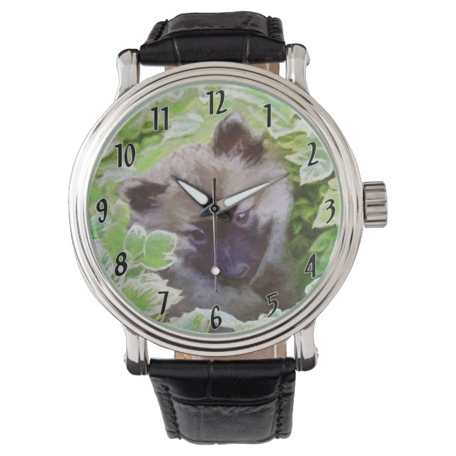 Welpe im Garten Malerei Original Kunst Armbanduhr (Vorderseite)