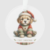 Welpe im Patchwork-Pullover & Weihnachtsmannmütze Ornament (Vorderseite)