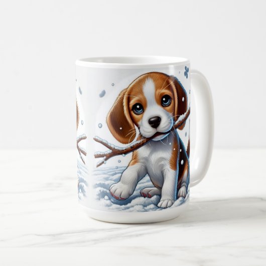 Welpe im Schnee mit einem Stick im Winter spielen Kaffeetasse (VorderseiteRechts)