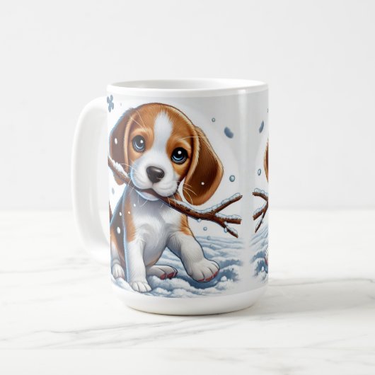 Welpe im Schnee mit einem Stick im Winter spielen Kaffeetasse (Vorderseite Links)