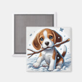 Welpe im Schnee mit einem Stick im Winter spielen Magnet (Vorderseite/Rückseite)