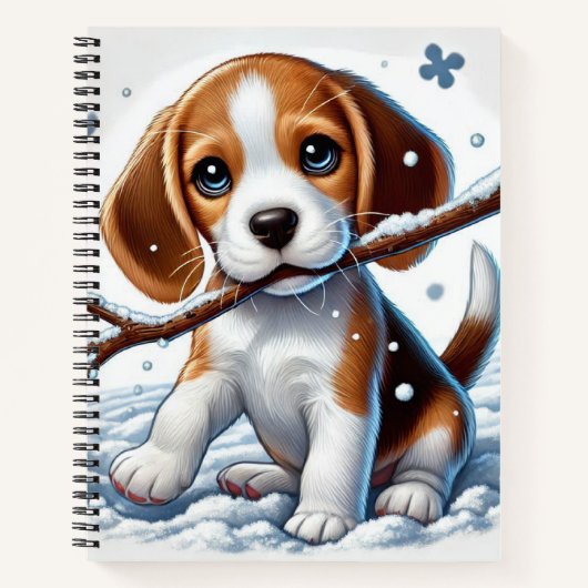 Welpe im Schnee mit einem Stick im Winter spielen Notizblock (Vorderseite)