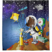 Welpe im Weltraum und Alien mit Teleskop Duschvorhang (Vorderseite)