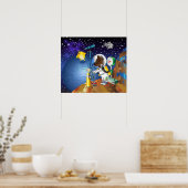 Welpe im Weltraum und Alien mit Teleskop Poster (Küche)