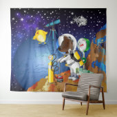 Welpe im Weltraum und Alien mit Teleskop Wandteppich (Beispiel (Horizontal))