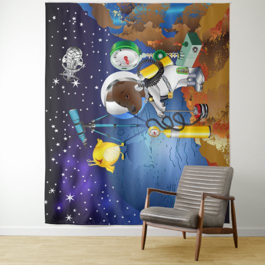 Welpe im Weltraum und Alien mit Teleskop Wandteppich (Beispiel)