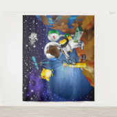 Welpe im Weltraum und Alien mit Teleskop Wandteppich (Vorderseite)