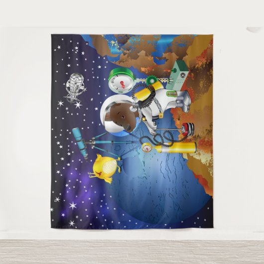 Welpe im Weltraum und Alien mit Teleskop Wandteppich (Vorderseite)