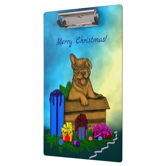 Welpe in A Box , frohe Weihnachten Klemmbrett (Links)