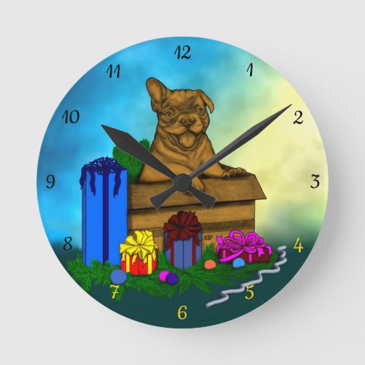 Welpe in A Box , frohe Weihnachten Runde Wanduhr (Vorderseite)