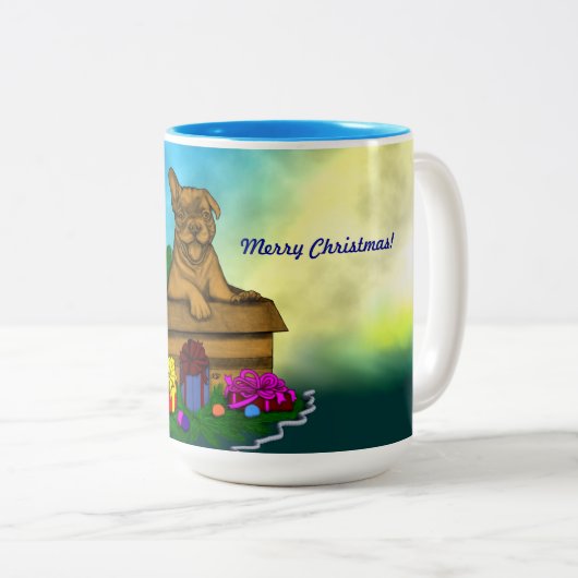 Welpe in A Box , frohe Weihnachten Zweifarbige Tasse (VorderseiteRechts)