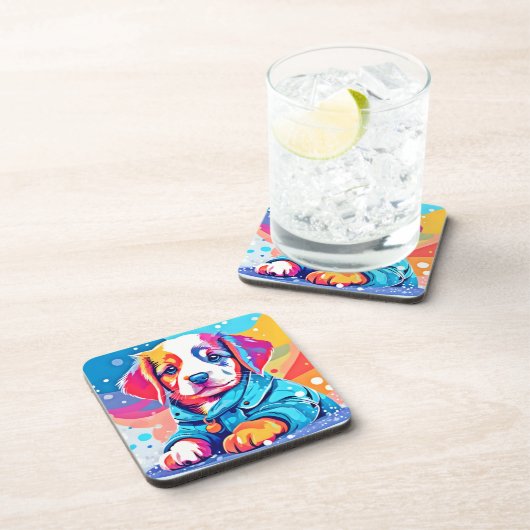 Welpe in Blue Coat Design Getränkeuntersetzer (Rechte Seite)