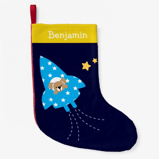 Welpe in Rocket-Schiff personalisiert Kleiner Weihnachtsstrumpf (Vorderseite)