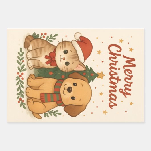 Welpe & Kitten Weihnachtsmann Geschenkpapier Set (Vorderseite)