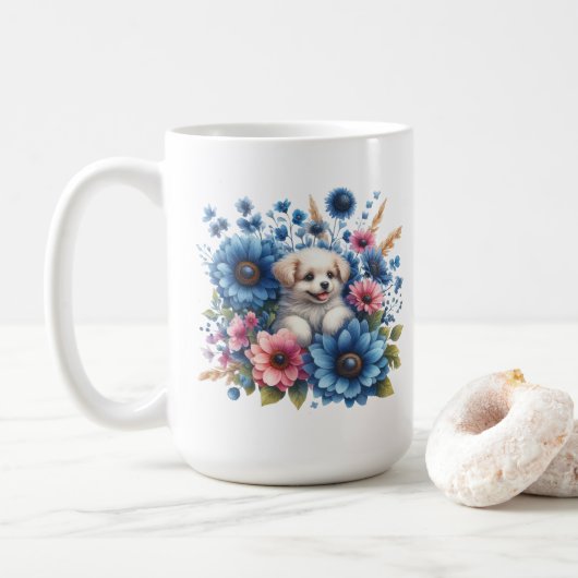 Welpe Liebe und farbenfrohe Blumen Umarmung Kaffeetasse (Mit Donut)
