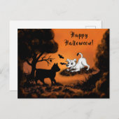 Welpe mit Black Cat and Bat , Happy Halloween! Postkarte (Vorne/Hinten)