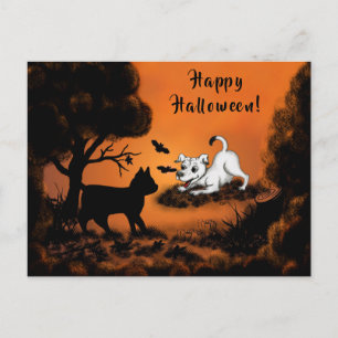 Welpe mit Black Cat and Bat , Happy Halloween! Postkarte