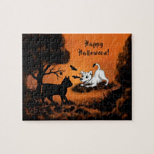 Welpe mit Black Cat and Bat , Happy Halloween! Puzzle (Horizontal)