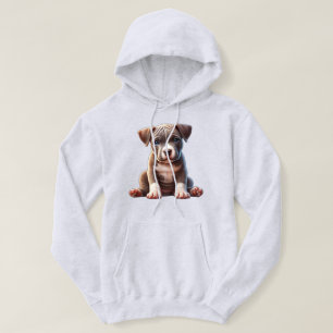 Welpe mit blauen Augen sitzend und unschuldig auss Hoodie