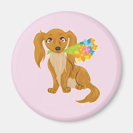 Welpe mit Blume Bouquet Magnet (Vorne)