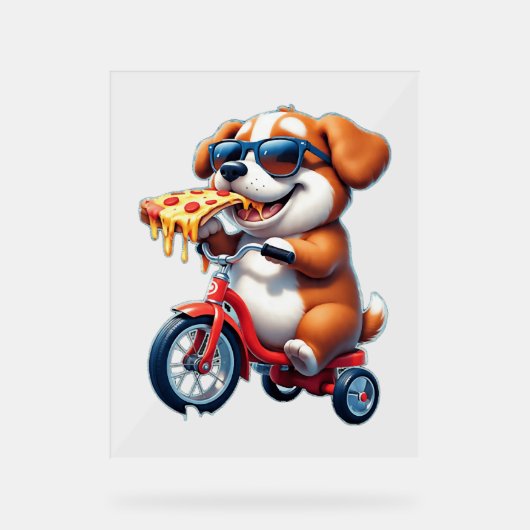 Welpe mit dem Rad Pizza essen Acrylschild (Vorderseite)