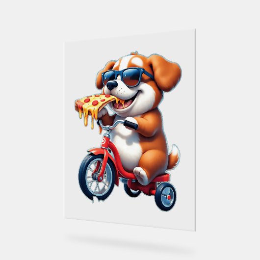 Welpe mit dem Rad Pizza essen Acrylschild (Winkel)