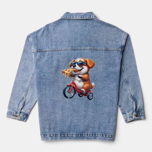 Welpe mit dem Rad Pizza essen Jeansjacke (Rückseite)