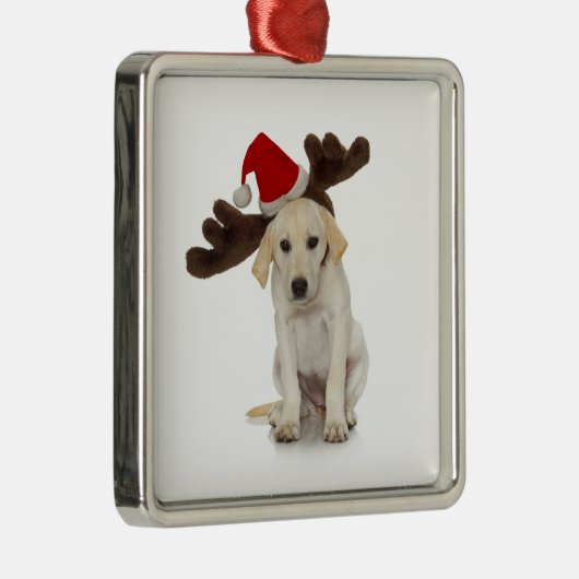 Welpe mit den Weihnachtsmannmütze-und Ren-Ohren Silbernes Ornament (Rechts)