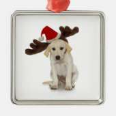 Welpe mit den Weihnachtsmannmütze-und Ren-Ohren Silbernes Ornament (Vorne)