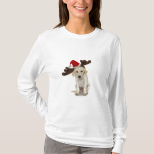 Welpe mit den Weihnachtsmannmütze-und Ren-Ohren T-Shirt