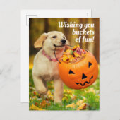 Welpe mit Kürbiseimer Einladungspostkarte (Vorne/Hinten)
