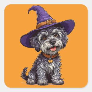 Welpe mit lila Zaubererhut Halloween-Kunst Quadratischer Aufkleber