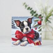 Welpe mit Red Bow in Snowy Christmas Scene (Stehend Vorderseite)