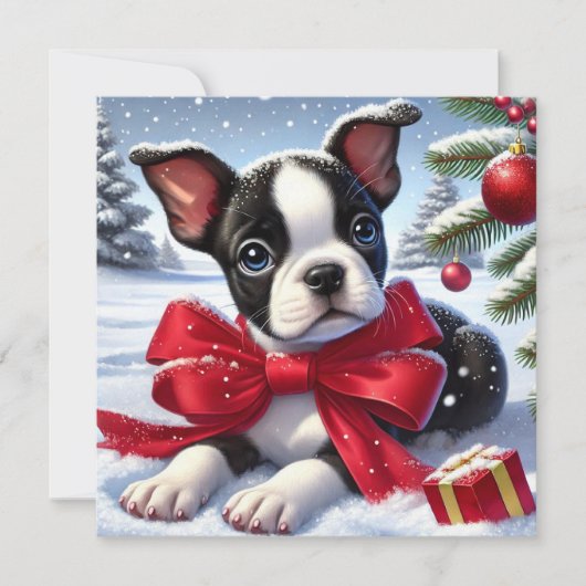 Welpe mit Red Bow in Snowy Christmas Scene (Vorderseite)
