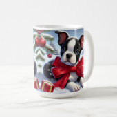 Welpe mit Red Bow in Snowy Christmas Scene Kaffeetasse (VorderseiteRechts)