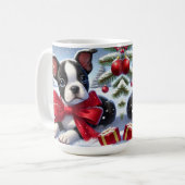 Welpe mit Red Bow in Snowy Christmas Scene Kaffeetasse (Vorderseite Links)